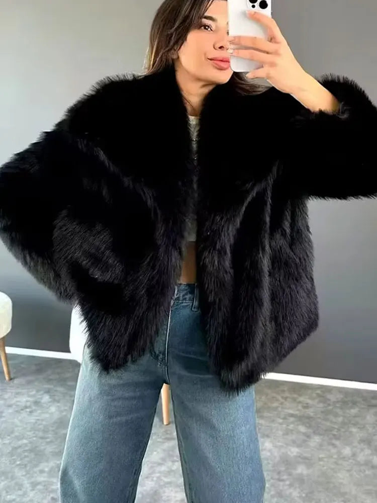 HH Winter Female Street Fashion Warm Coats Long Sleeves Hidden Buttons Lapel Plush Casual Artificial Fur Effect Retro Coat