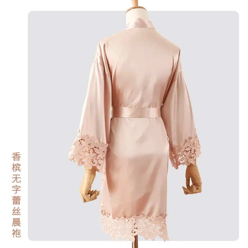 Sexy Bride Wedding Robe Home Dress Elegant Lace Embroidery Bride Negligee Kimono Gown Loose Silk Satin Sleepwear Nightgown