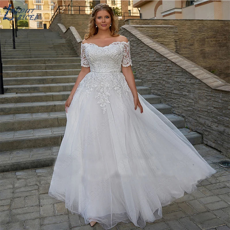 LAYOUT NICEB Elegant Boho Wedding Dresses For Woman Short Sleeves Off Shoulder Lace Applique Bride Gowns Boat Neck Plus Size