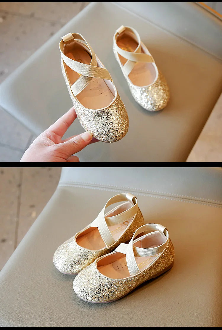 Princess Glitter Leather Girls Shoes Soft Comfortable Shiny Sequined Kids Shoes Sweet Wedding Dress Party Flats Mary Jane Shoes