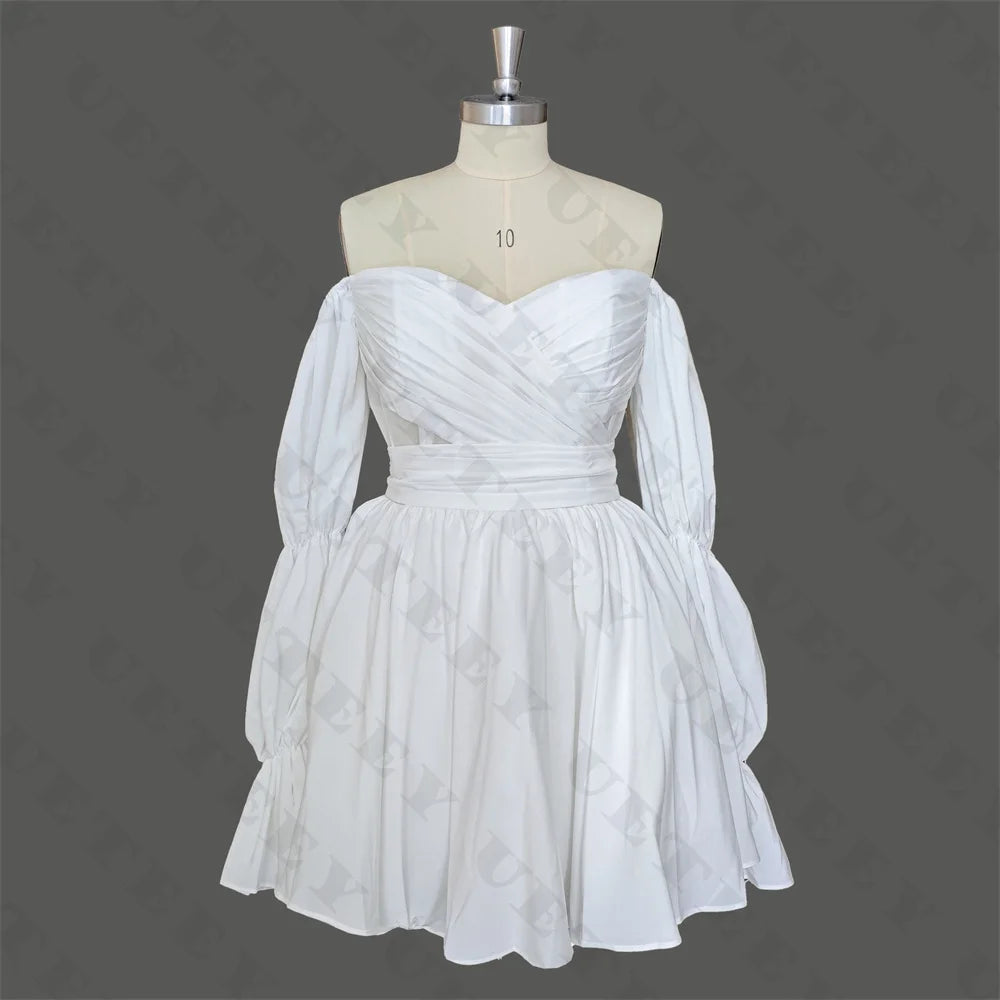 UETEEY Customized V Neck Off Shoulder Puff Sleeves Crepe A Line Mini Wedding Dress Pleats Zipper Back Above Knee Bridal Gown