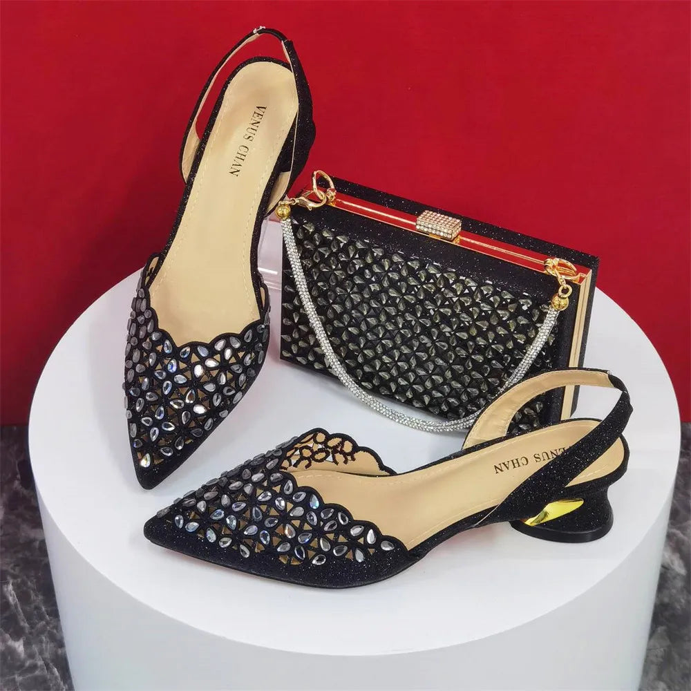 Ladies Italian High Heel and Bag Set Golden Color Italian Shoe with Matching Bag Set 2024 Nigerian Shoes and Bag Set for Party