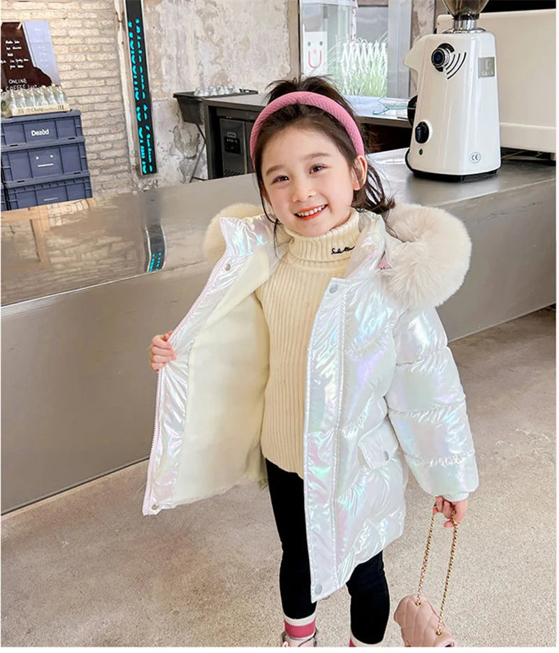 New Winter Coats Girls Warm Long Down Jackets Kids Fashion Unicorn Shiny Waterproof Parka Children Fur Collar Hooded Outerwear