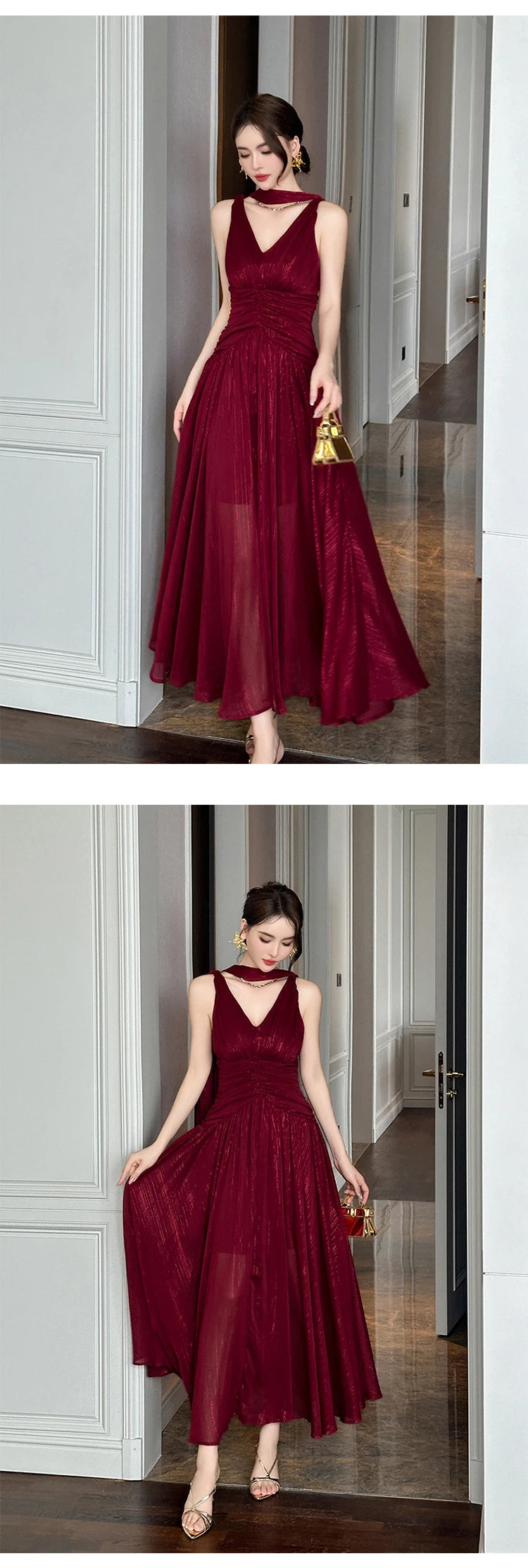 New Summer Chiffon Bright Silk Red Gown Evening Dress Women Clothes Elegant Sexy Tank V-Neck A-Line Maxi Robe Party Prom Vestido