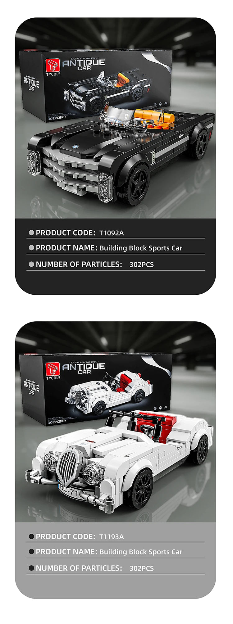 302PCS Building Blocks Sports Car Toy Classic Cars Bricks Model Educational Toys Set With Transparent Display Box Christmas Gift