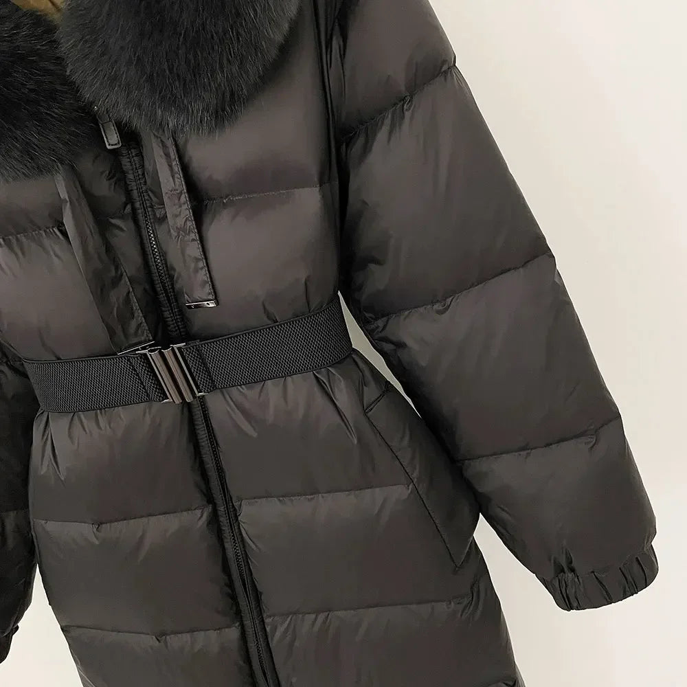 New Winter 2024 Warm 90 White Duck Down Coat Female Cold Lady Real Fur Coat Women Hooded Long Natural Fox Fur Puffer Jacket