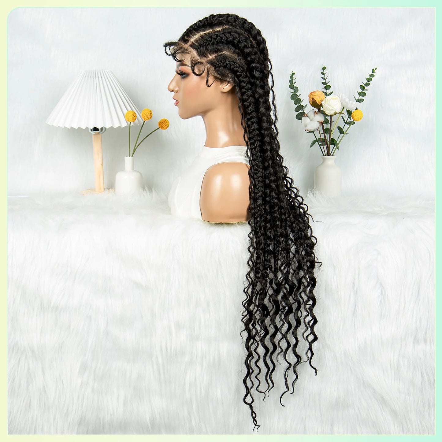 Cornrow Braided Wigs with Curly Ends Knotless Lace Frontal Braids Wig Synthetic Full Lace Braided Wigs with Baby Hair for Women
