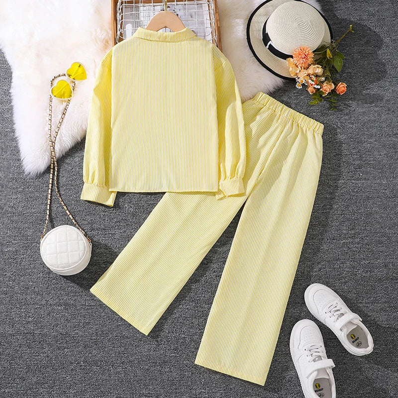 Spring Hot Sale Kids Outfit 4-12 Years Girls Striped Long Sleeve Chemise + Casual Loose Straight Leg Pants Shirt Suit 2Pcs Set