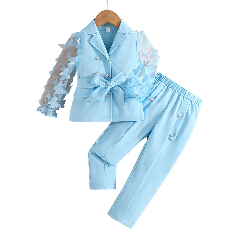 Children Clothing Stylish Girls Kids Autumn Winter Long Sleeve Bow-Tie Mesh-Sleeved Suit Pant Set Everyday Wear Children Sets