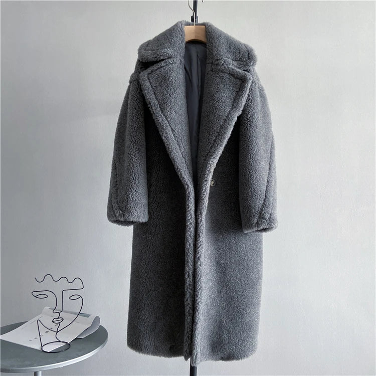 Winter Jacket Women Long Coat  Wool Woven Fabric Thick Warm Outerwear Oversize Fashion Streetwear Teddy Bear Coats