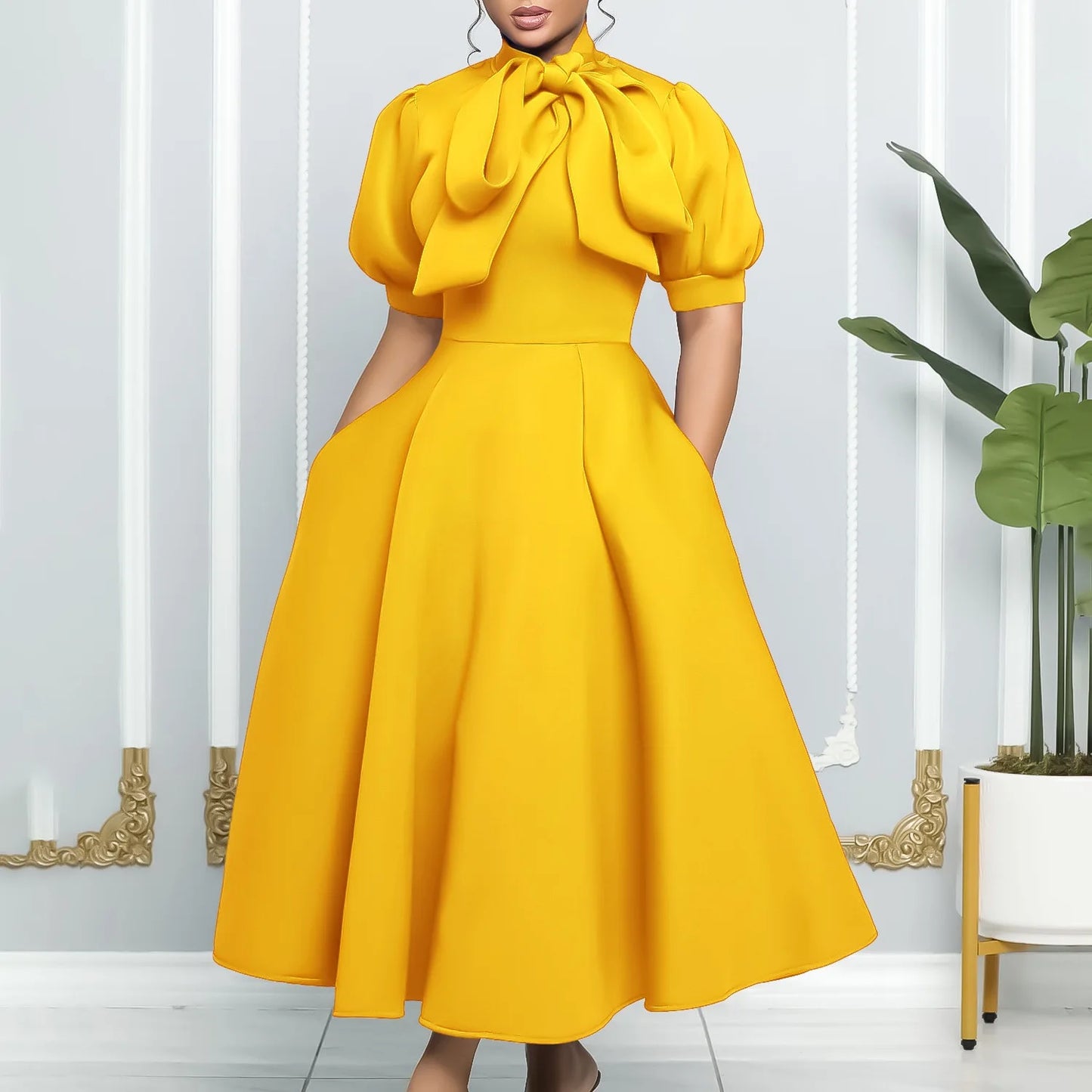 Elegant Party Dresses for Woman 2024 Luxury Bow Collar Short Sleeve High Waisted A Line Pleated Ankle Length Birthday Party Robe