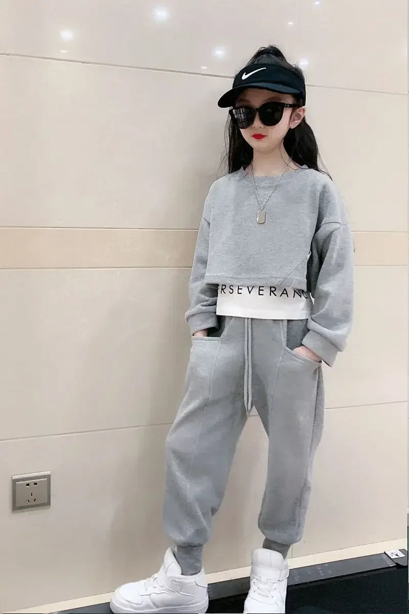 Girls Autumn Loungewear Suit Children\'s Casual Sweatshirt Pants Sets Two-Piece False 2 Pcs Top Leggings Tracksuits Kids Clothes