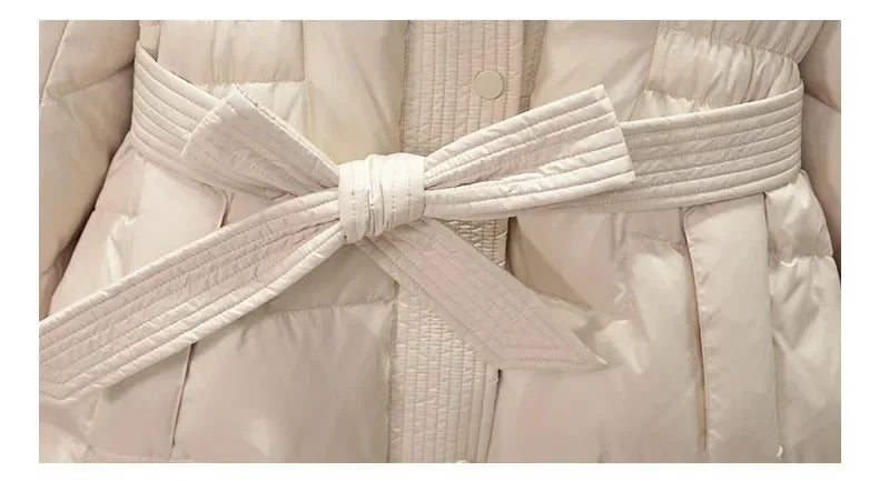 2024 New Winter Women White Duck Down Long Jacket With Belt Female Thick Warm Coat Luxury Slim Parka Hooded Outerwear