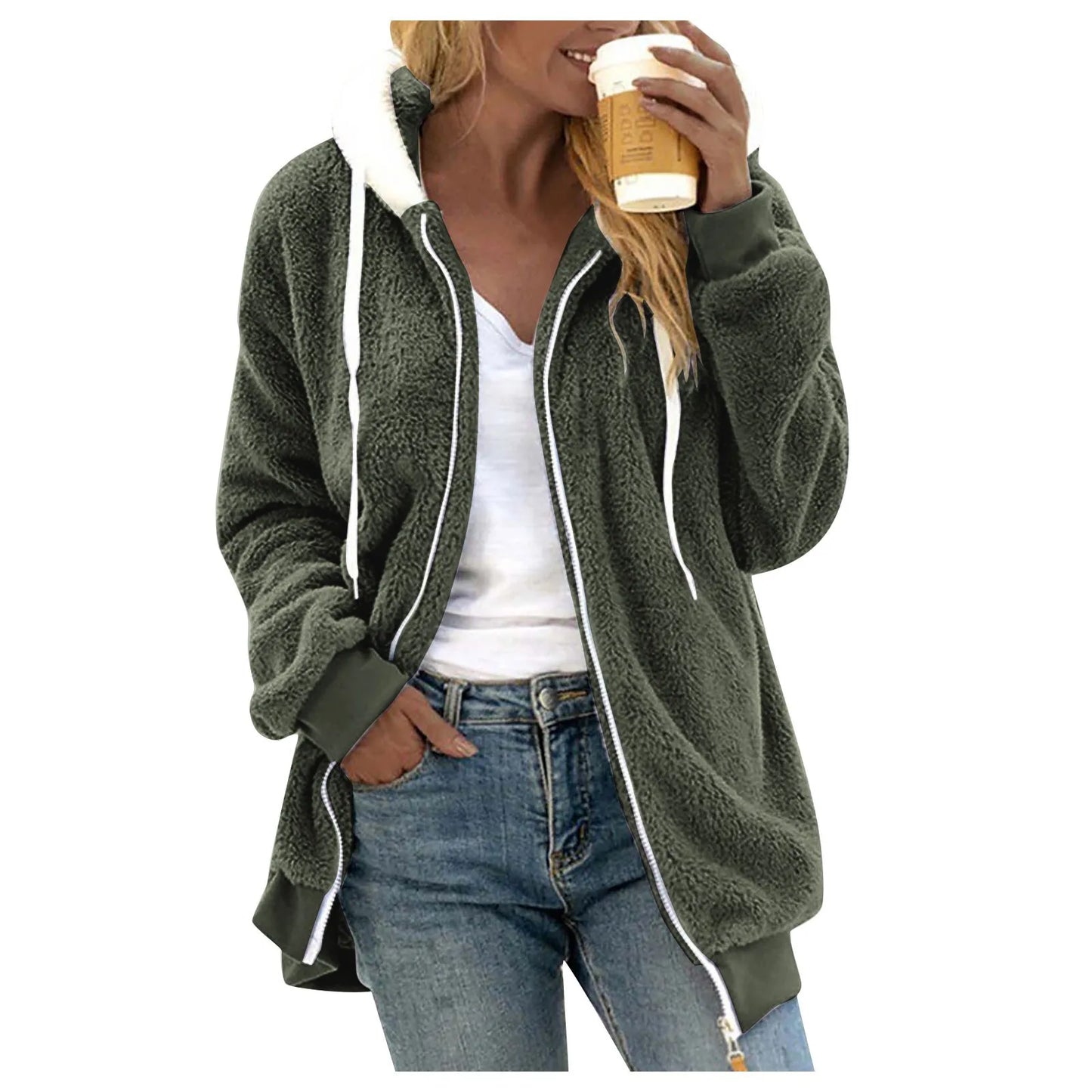 Winter Fashion Women's Coat New Casual Hooded Zipper Ladies Clothes Cashmere Women Fleece Jacket Solid Color Ladies Coats
