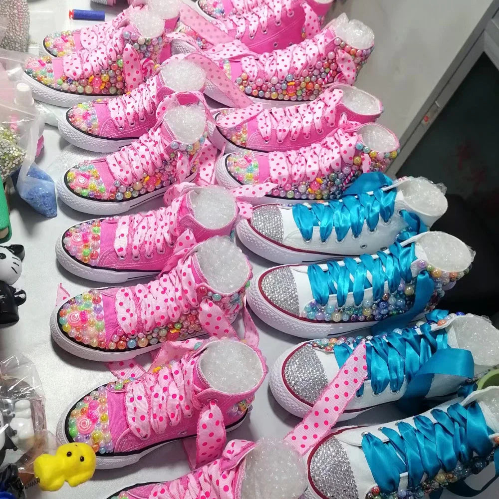Handmade Rhinestones Bling Girls Womens Kids And Mother Candy Canvas Shoes Pearls Sneakers For Girl Birthday Party Wedding