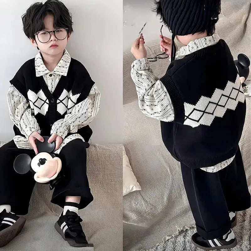 Kids Sets Vests Shirts Sweaters Long Pants New 2024 Autumn Fashion Korean Casual Simple Style Baggy Warm