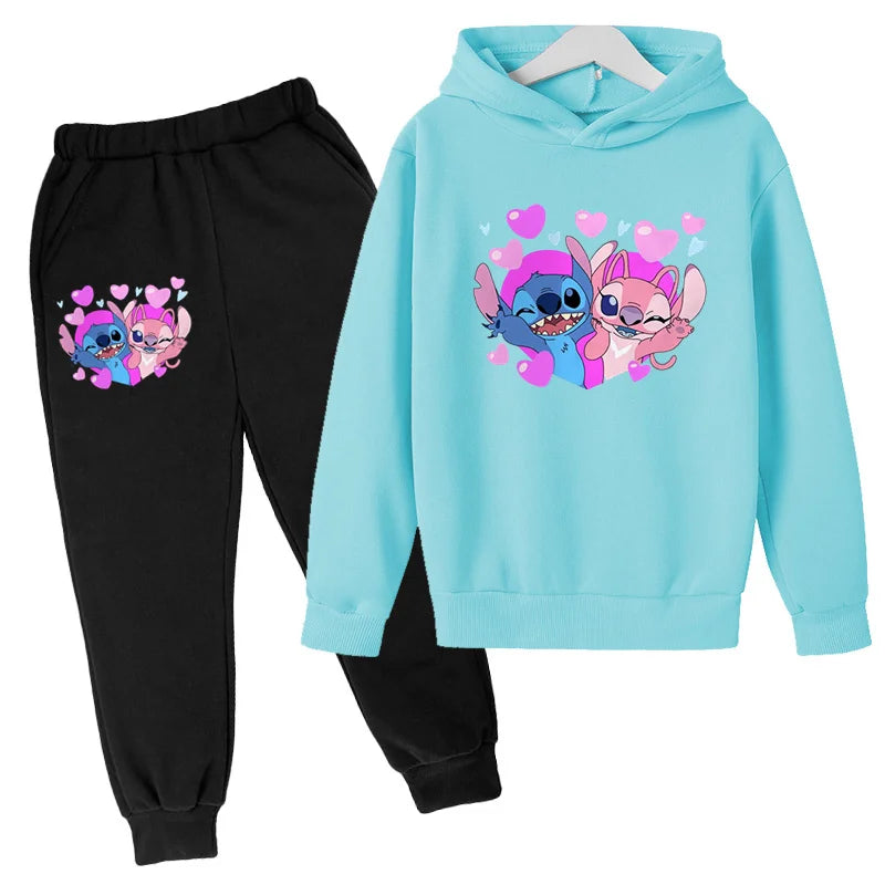 New Cute Stitch Hoodies Sweatshirts Girls Clothes Children's Clothing Sets Child Girl Tops+Pants 2 Pcs Suits Boys Tracksuits Set