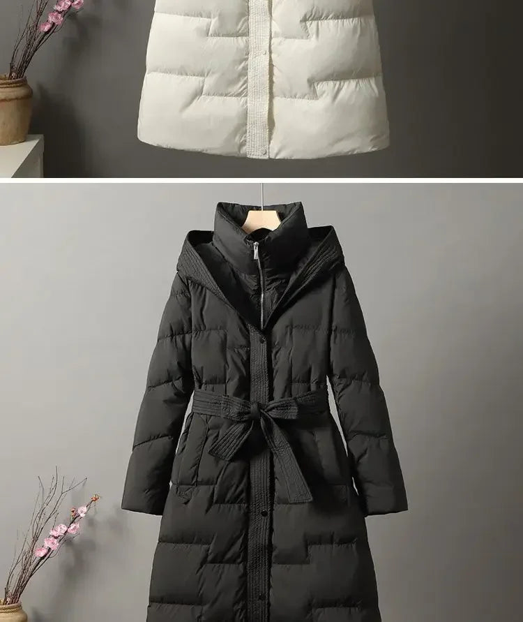2024 New Winter Women White Duck Down Long Jacket With Belt Female Thick Warm Coat Luxury Slim Parka Hooded Outerwear