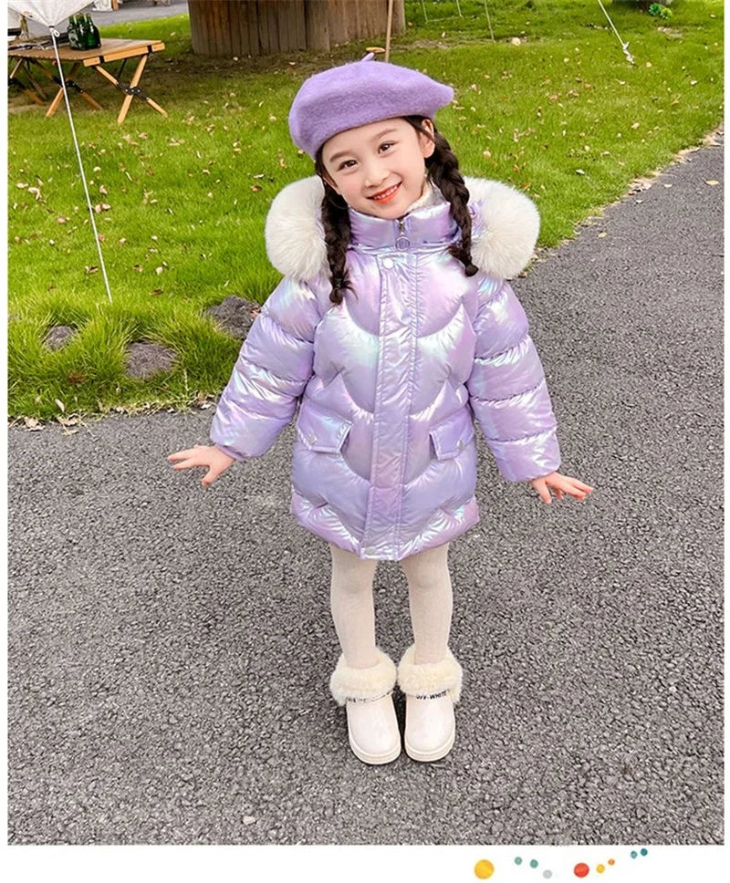 New Winter Coats Girls Warm Long Down Jackets Kids Fashion Unicorn Shiny Waterproof Parka Children Fur Collar Hooded Outerwear