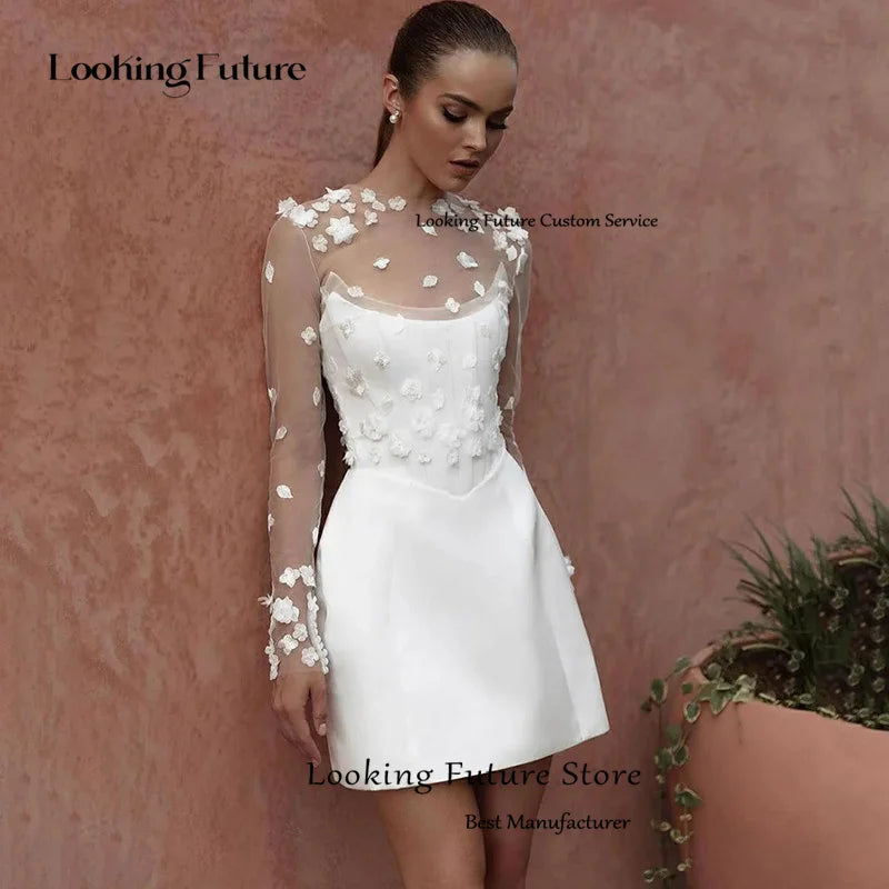 Customized Classic A-Line Mini Wedding Dress Satin Lace Long Sleeve 3D Flower Sexy Backless With Button Srapless Wedding Gown
