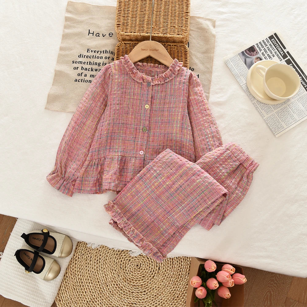 Fashionable Casual Pink Checkered Shirt Top And Pants Set for Girls 3-7 Years Long Sleeved Spring Autumn Two-piece Outfit
