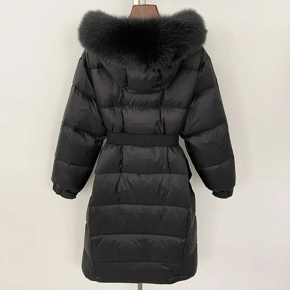 New Winter 2024 Warm 90 White Duck Down Coat Female Cold Lady Real Fur Coat Women Hooded Long Natural Fox Fur Puffer Jacket