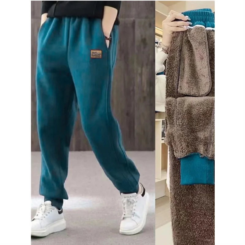 Winter Thick Warm Trousers Casual Sports Pants for Women High Waist Lamb's Wool Harem Pants with Fleece Cuffed Joggers 4XL