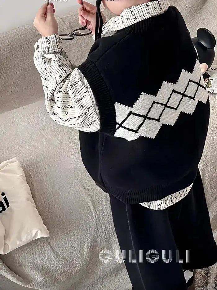 Kids Sets Vests Shirts Sweaters Long Pants New 2024 Autumn Fashion Korean Casual Simple Style Baggy Warm