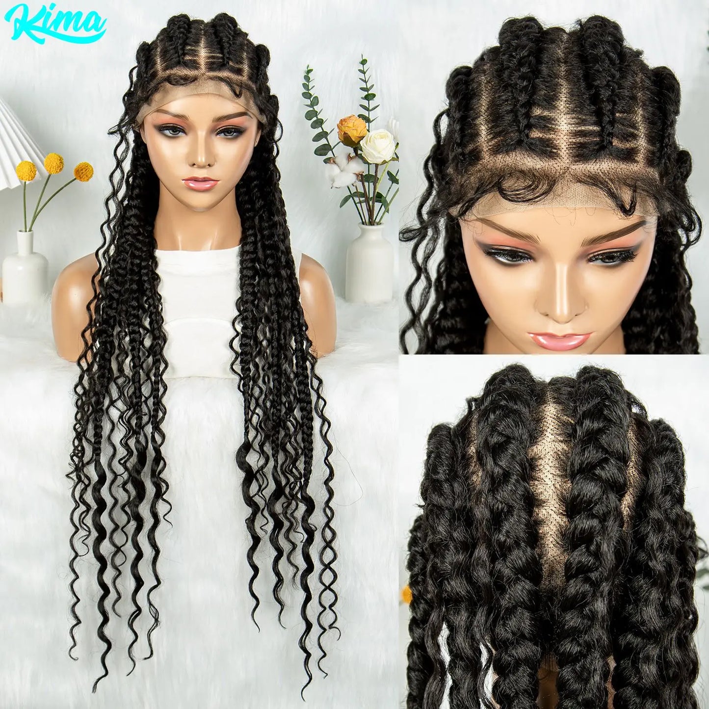 Cornrow Braided Wigs with Curly Ends Knotless Lace Frontal Braids Wig Synthetic Full Lace Braided Wigs with Baby Hair for Women