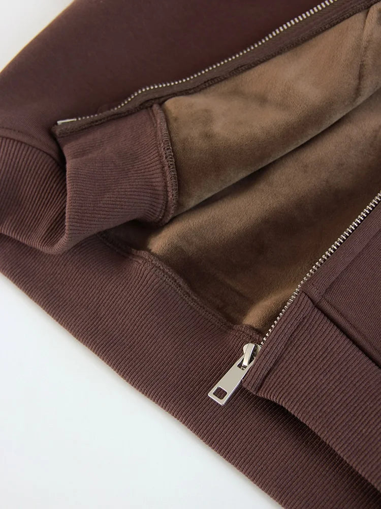 Women Tracksuits Winter Fleece Sweatsuit Brown Warm Crop Zipper Hoodies And Sweatpants Set For Women 2 Piece Velvet Pants Sets