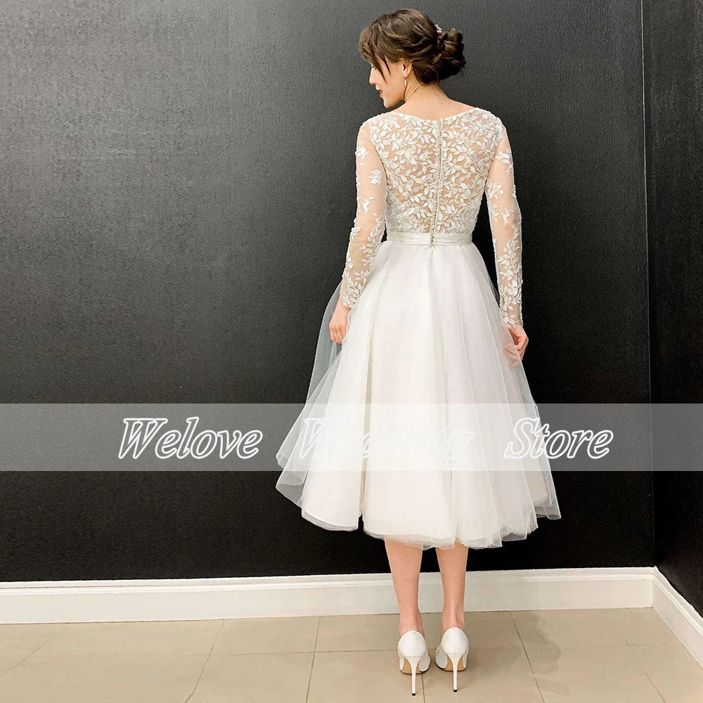 Tea Length Wedding Dress For Bride Elegant Formal Bridal Gown Woman Long Sleeve Button Back Custom Made A Line Vestido De Novia