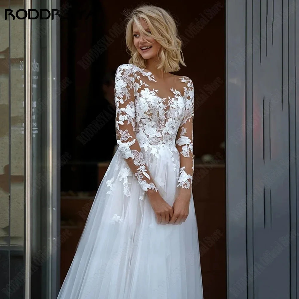 RODDRSYA Elegant A-Line Lace Wedding Dress Long Sleeves Scoop Neck Applique Bridal Gowns Plus Size robes de mariée Customized