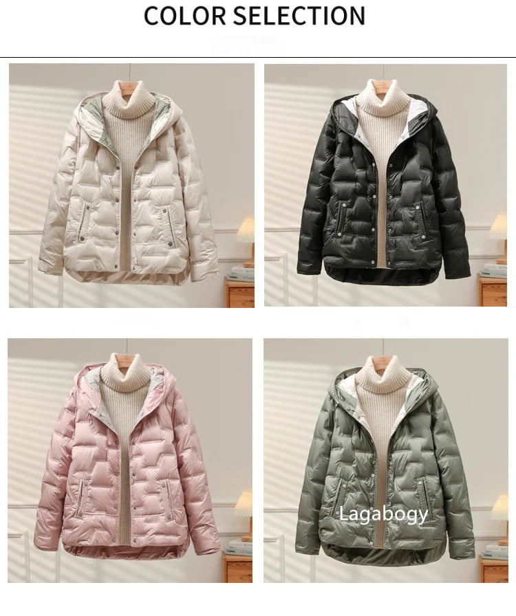 Lagabogy 2025 Autumn Winter Women White Duck Down Coat Casual Single Breasted Hooded Jacket Female Light Puffer Parka Outwear