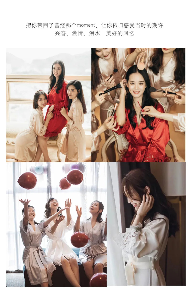 Sexy Bride Wedding Robe Home Dress Elegant Lace Embroidery Bride Negligee Kimono Gown Loose Silk Satin Sleepwear Nightgown