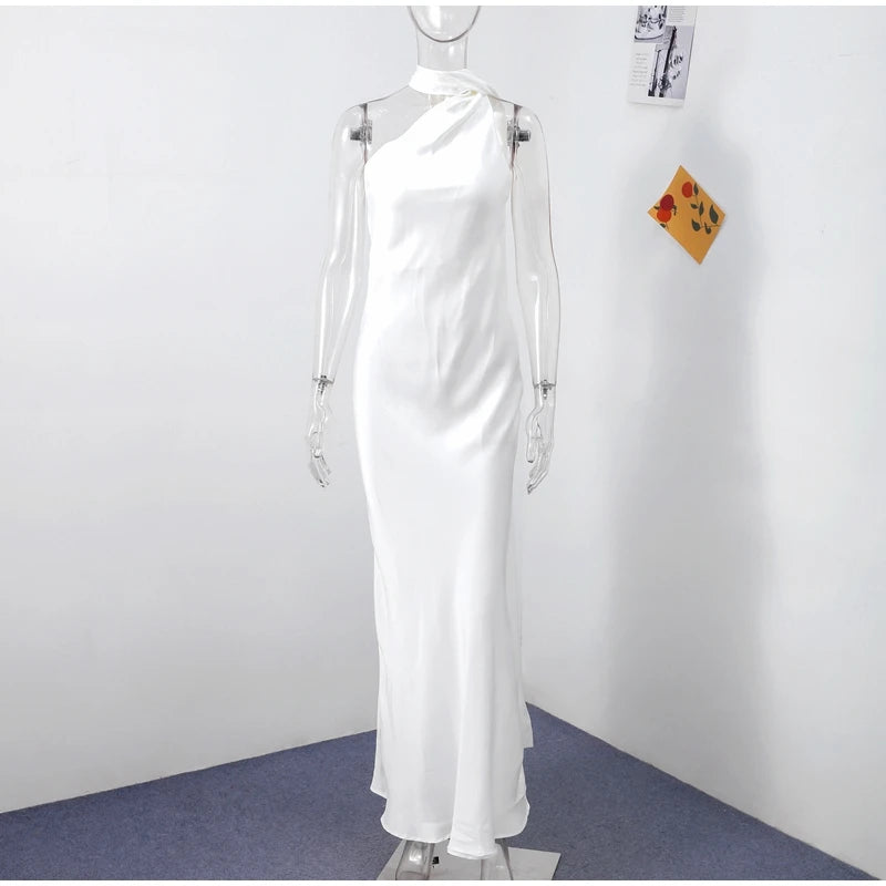 Sexy Satin Ribbon Party Dress Women Elegant Halter Backless Off Shoulder Sleeveless Female Dresses 2024 Summer Solid Robe Gown