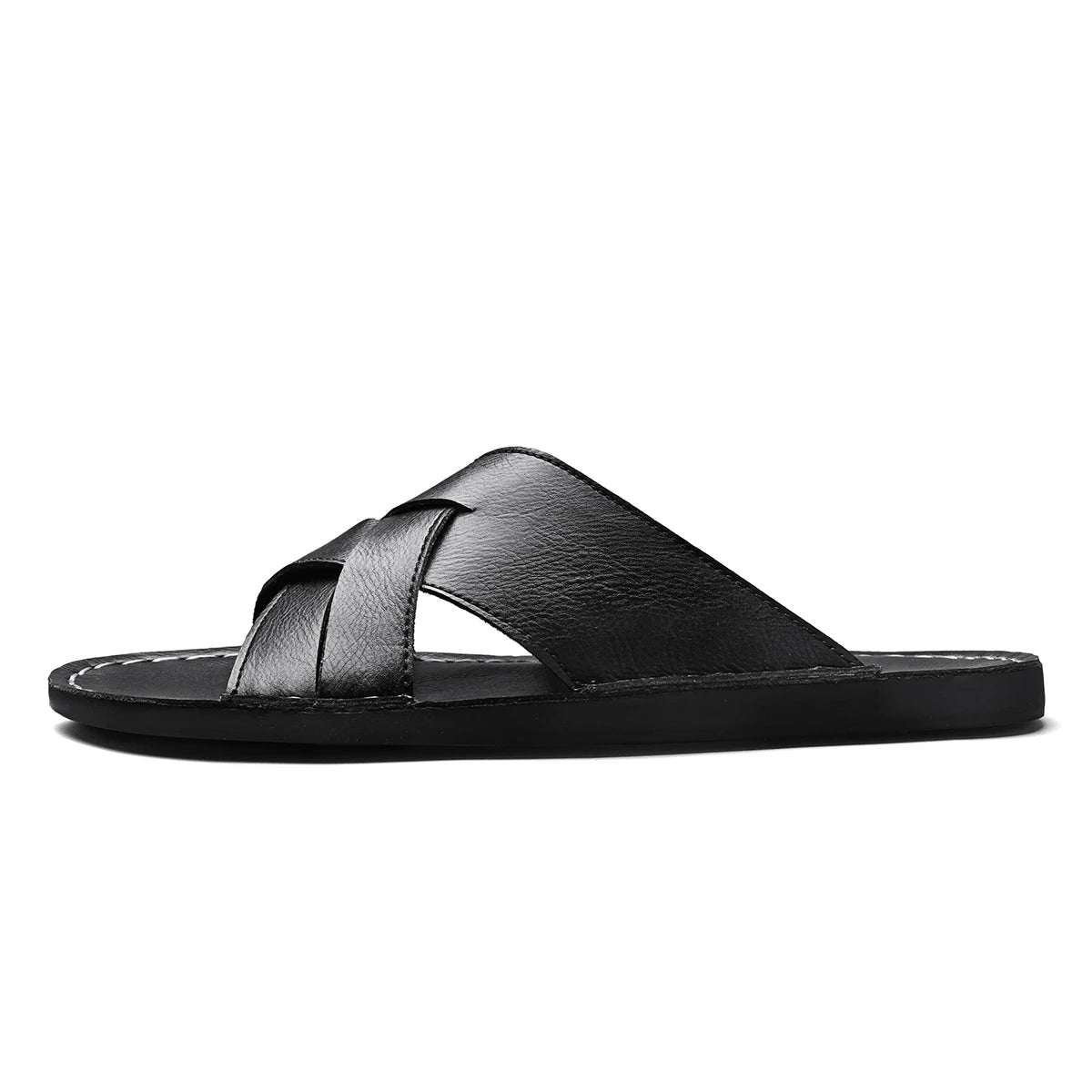 Summer Mens Flat Leather Slippers Slides Slip-on Sandals Thin Soles Retro Style Anti-skid Breathable Comfortable Big Size 48 49