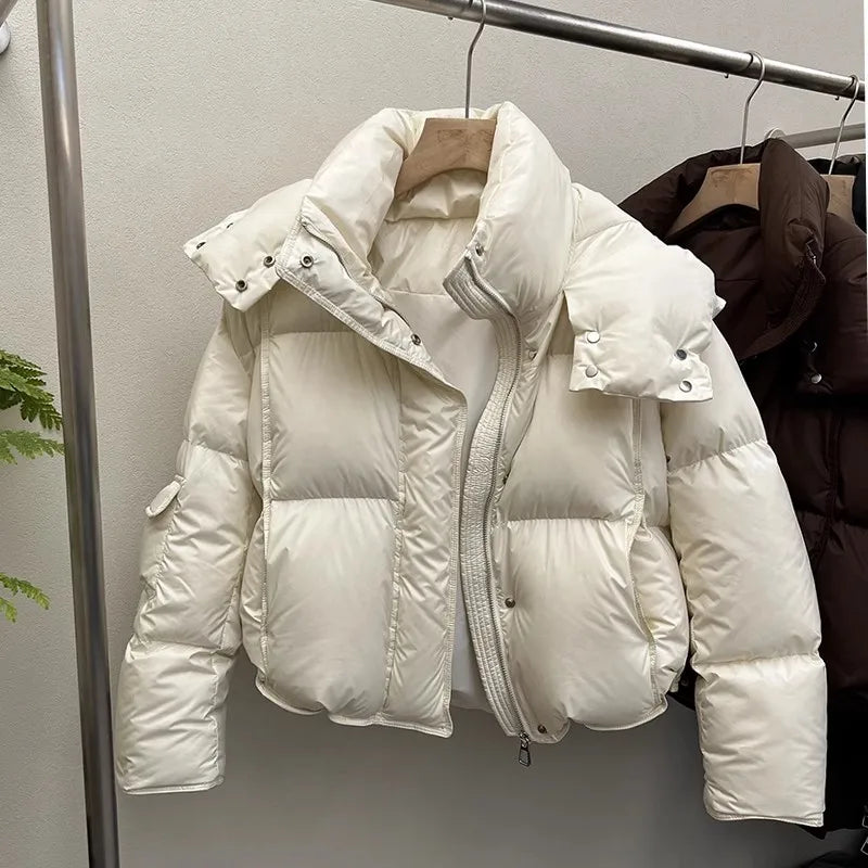 Down Jacket for Women Winter 90 White Duck Hooded Warm Down Coats Casual Loose Short Thick New Fashion Lightweight Puffy Jacket