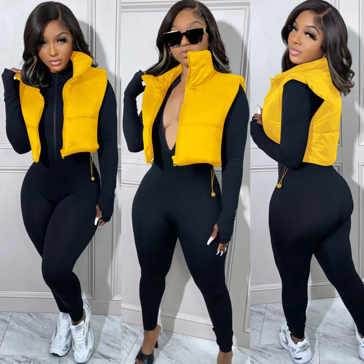 Women's Winter Vest Fashion Faux Leather Padded Jacket Coat Vintage PU Black And White Female Short Waistcoat Chic Clothes Tops