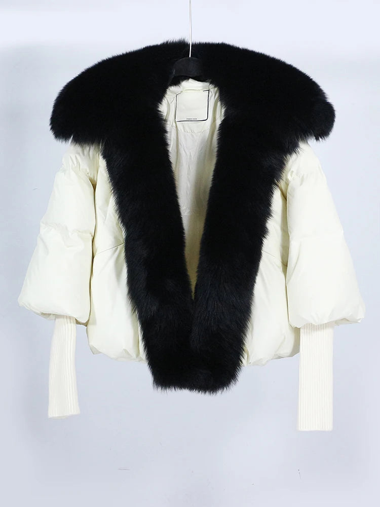 OFTUBY 2023 White Duck Down Jacket Winter Women Warm Loose Coat Natural Real Fox Fur Collar Thick Luxury Outerwear New Fashion