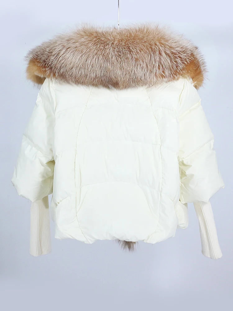 OFTUBY 2023 White Duck Down Jacket Winter Women Warm Loose Coat Natural Real Fox Fur Collar Thick Luxury Outerwear New Fashion