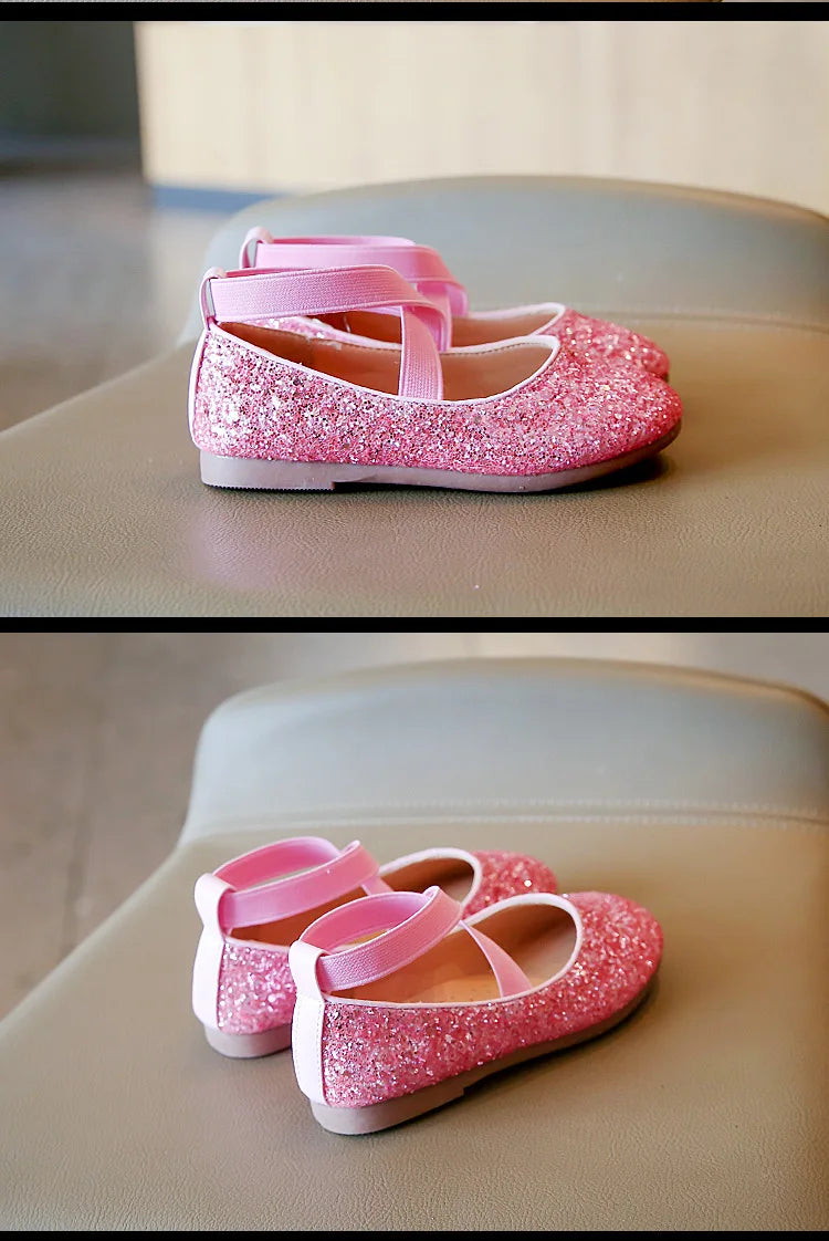 Princess Glitter Leather Girls Shoes Soft Comfortable Shiny Sequined Kids Shoes Sweet Wedding Dress Party Flats Mary Jane Shoes