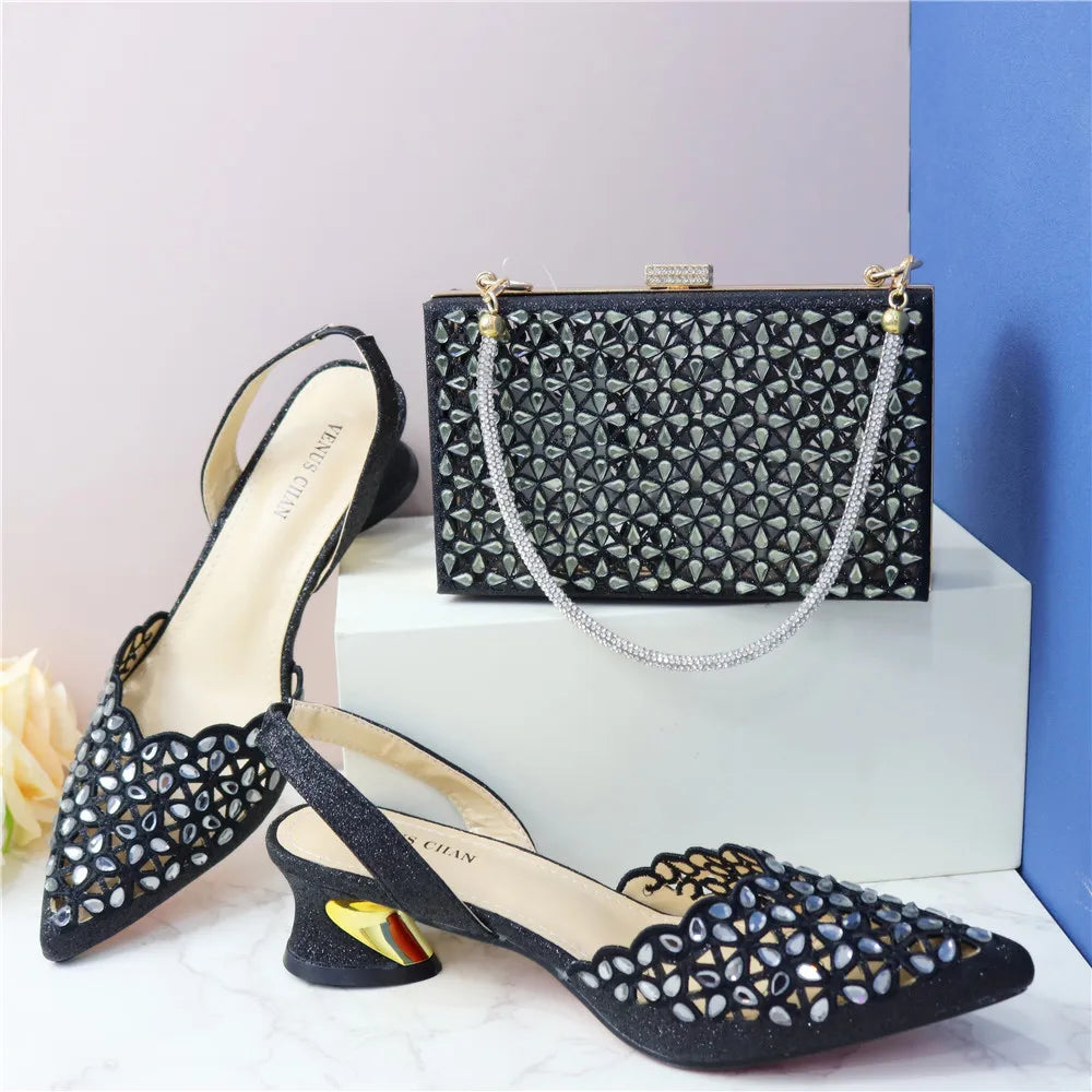Ladies Italian High Heel and Bag Set Golden Color Italian Shoe with Matching Bag Set 2024 Nigerian Shoes and Bag Set for Party