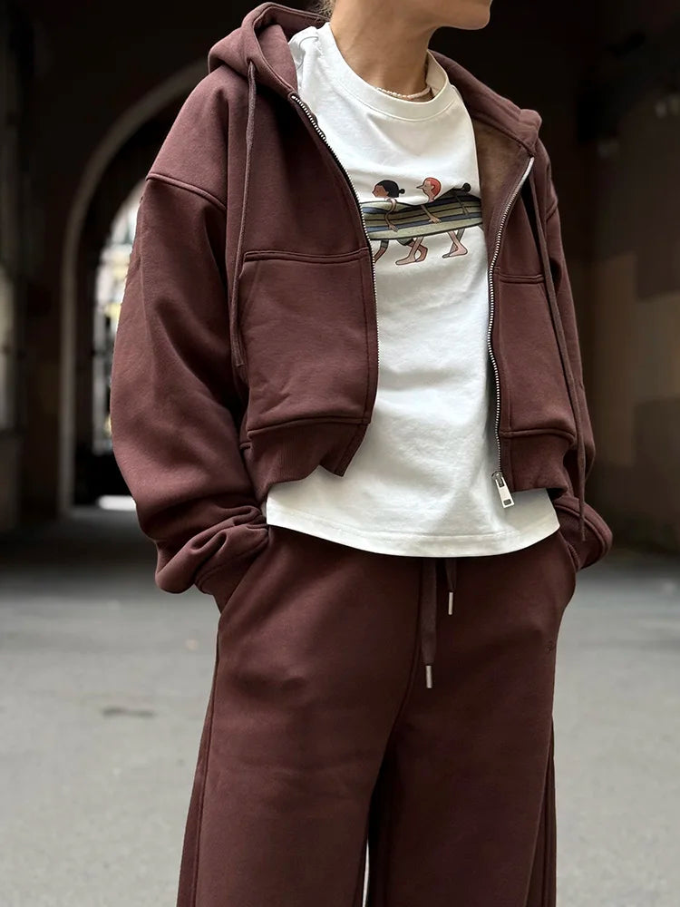 Women Tracksuits Winter Fleece Sweatsuit Brown Warm Crop Zipper Hoodies And Sweatpants Set For Women 2 Piece Velvet Pants Sets