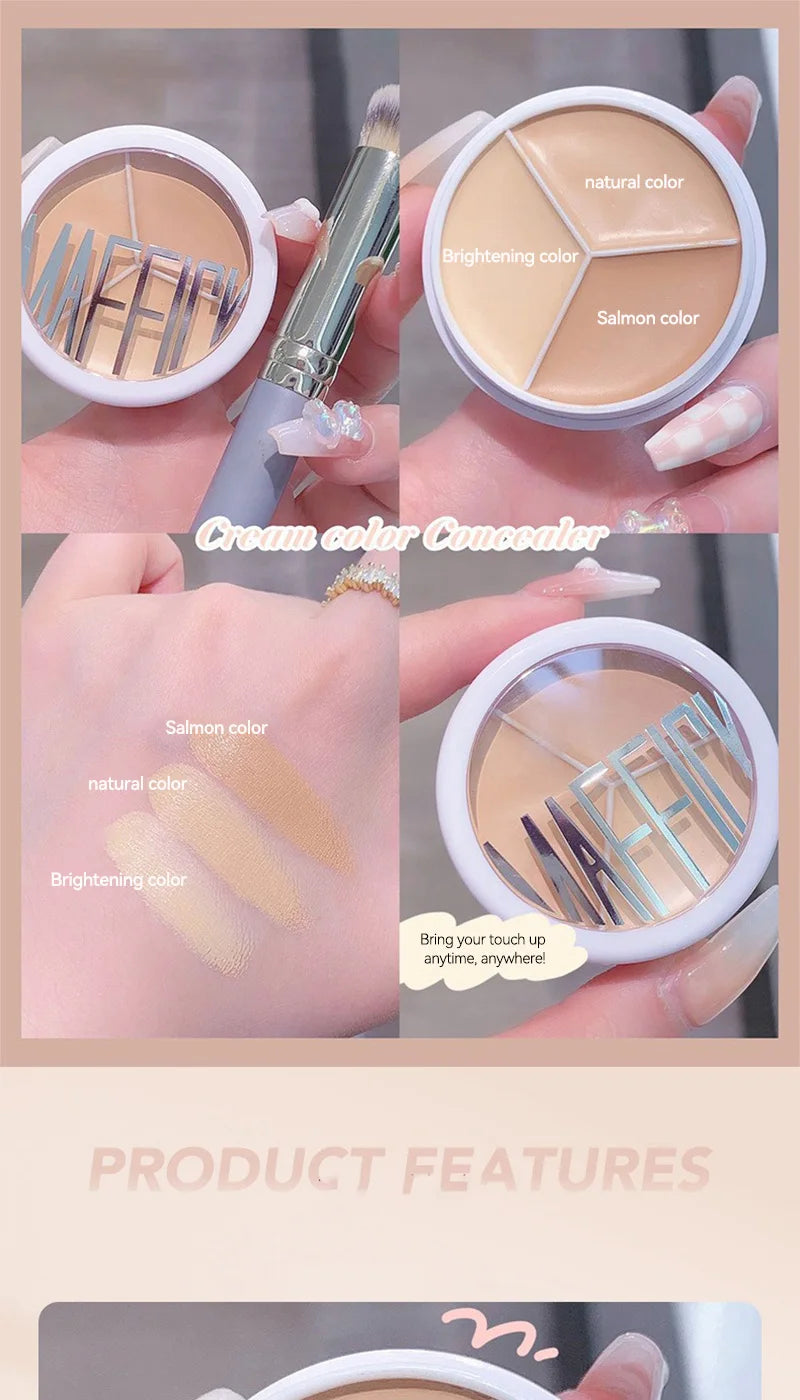 Maffick 3-Color Concealer, Provides Covering Concealer and Moisturizing, Covering Concealer with Concealer Foundation, Non-Fitting Powder, Also Available for Dry Impaired. Is Waterproof
