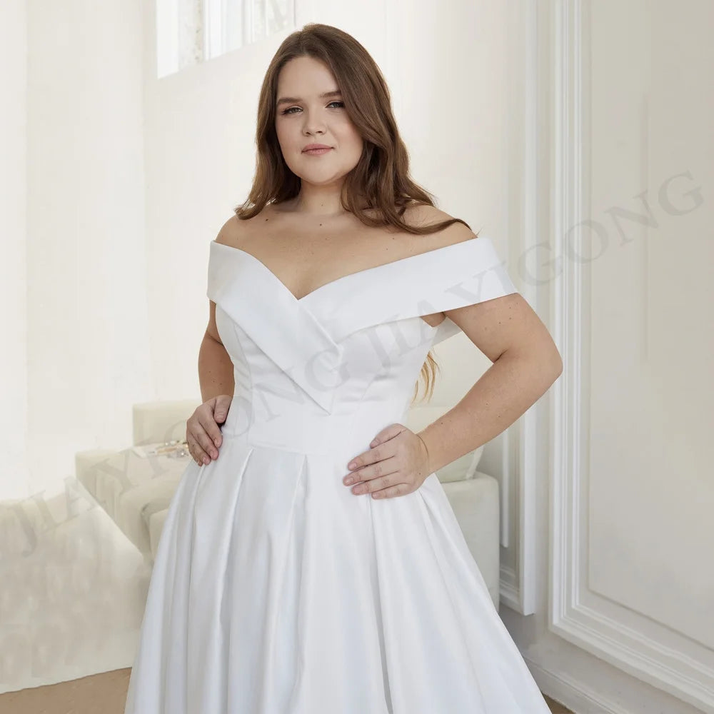 Plus Size Corset Wedding Dress Simple Off The Shoulder V Neck Draped A Line Vestido De Noiva Modern Satin Bride Bridal Gown