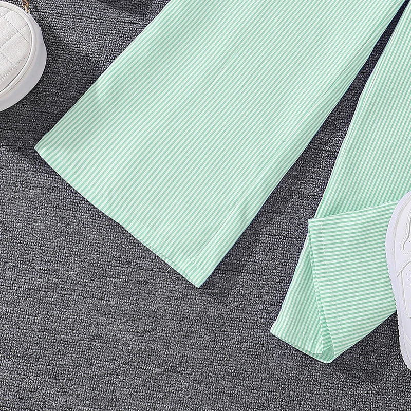 Spring Hot Sale Kids Outfit 4-12 Years Girls Striped Long Sleeve Chemise + Casual Loose Straight Leg Pants Shirt Suit 2Pcs Set