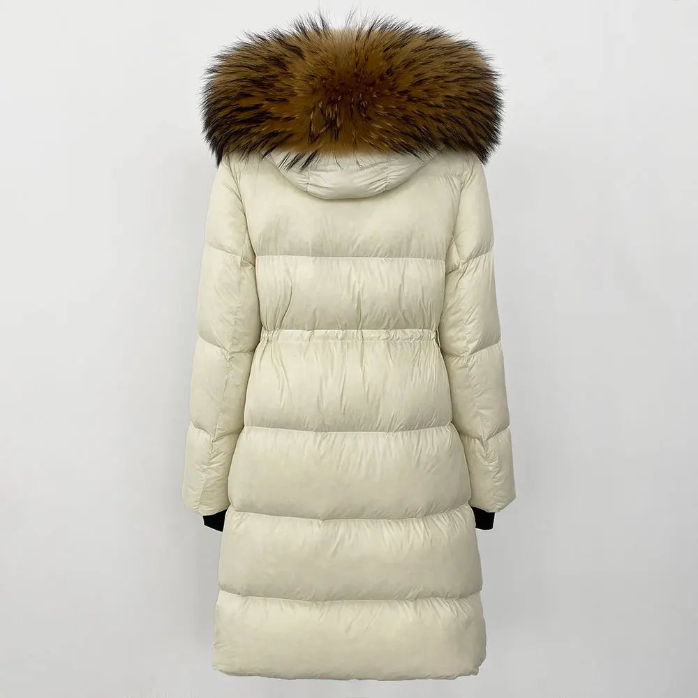 2024 Winter New  Casual Fashion Slim Warm Jacket Female White Duck Down Real Fox Fur Real Raccoon Fur Long Hooded Coat Women