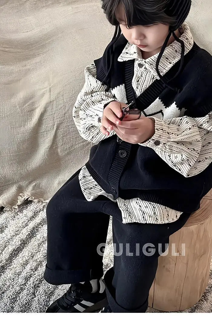 Kids Sets Vests Shirts Sweaters Long Pants New 2024 Autumn Fashion Korean Casual Simple Style Baggy Warm