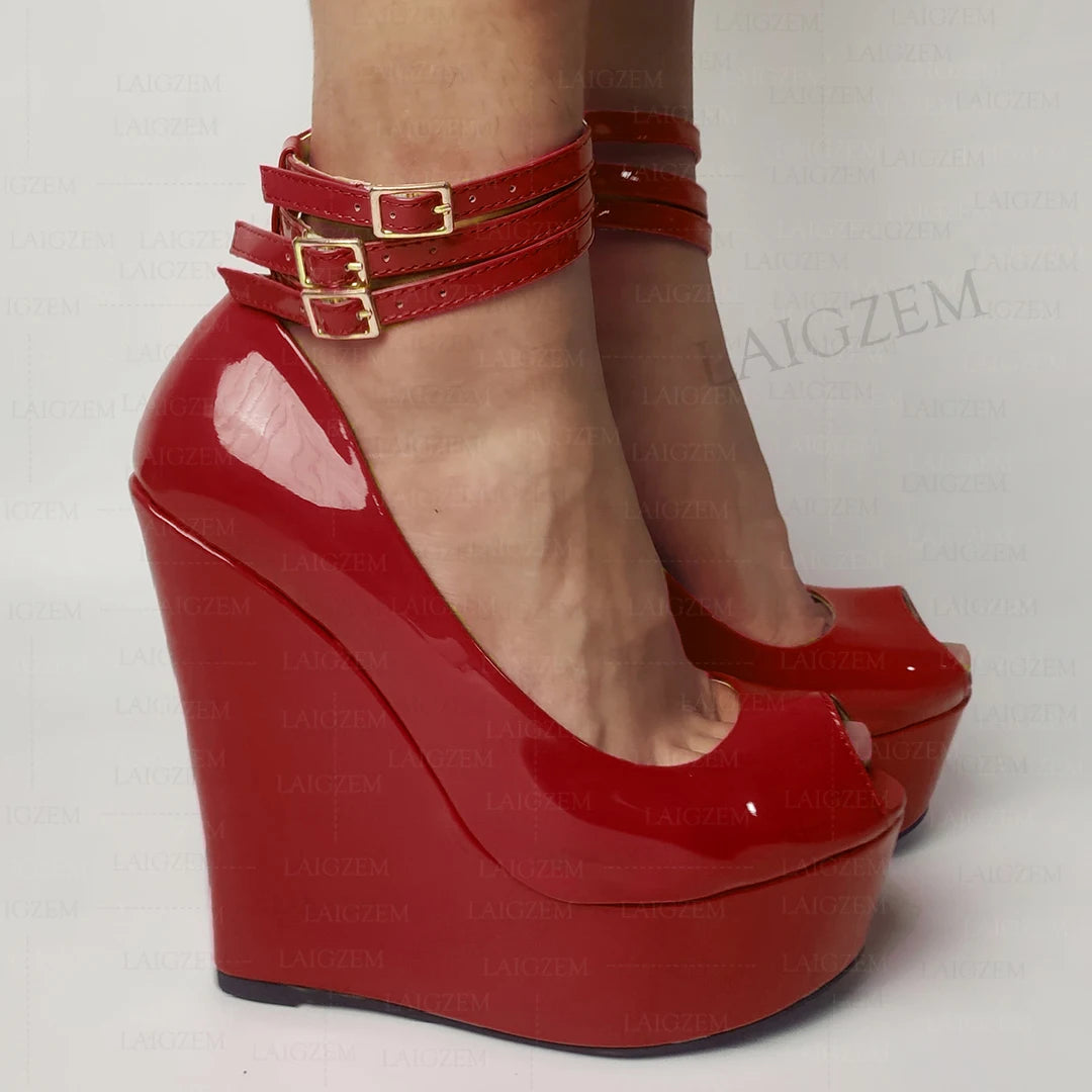LAIGZEM Women Platform Wedges Pumps Ankle Straps Shiny Peep Toe High Heels Sandals Ladies Height Increase Shoes Woman Large Size