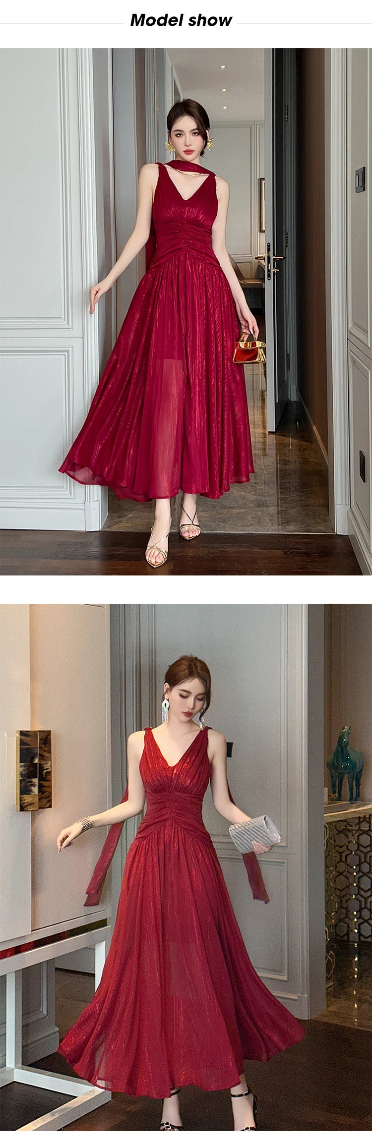 New Summer Chiffon Bright Silk Red Gown Evening Dress Women Clothes Elegant Sexy Tank V-Neck A-Line Maxi Robe Party Prom Vestido